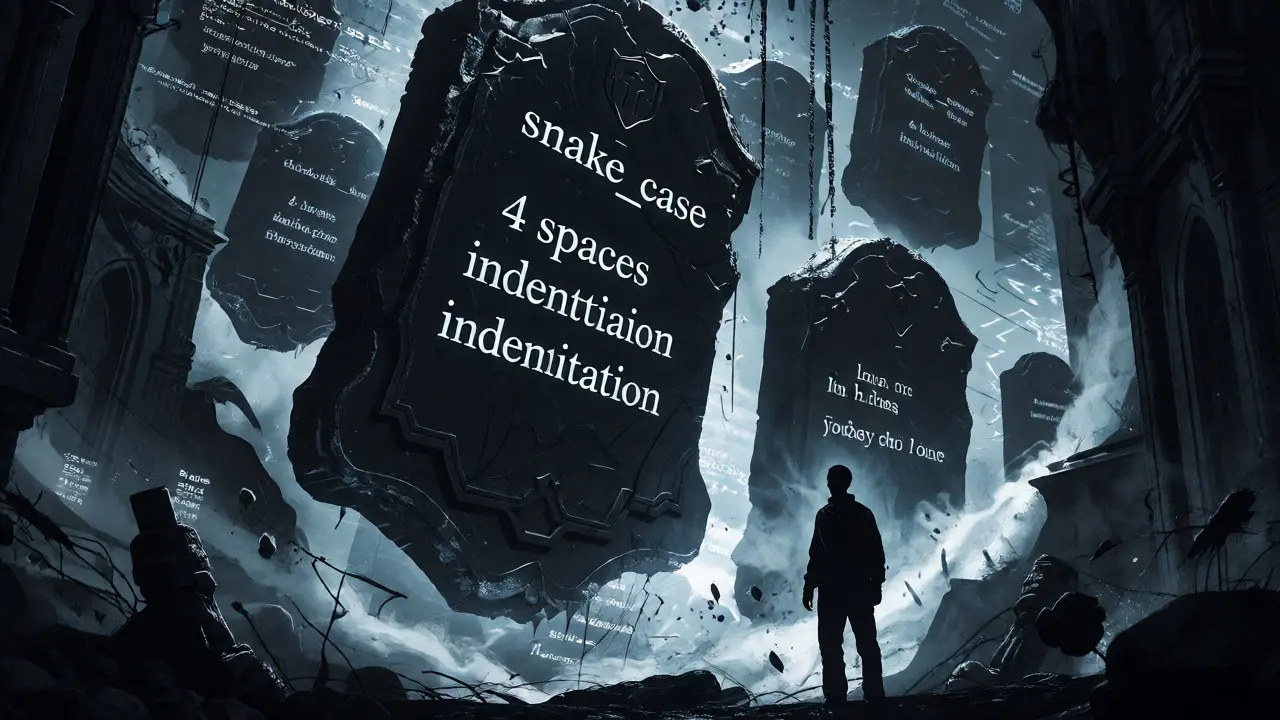 Monolithic stone tablets with coding rules loom over a developer in a dark, surreal void.