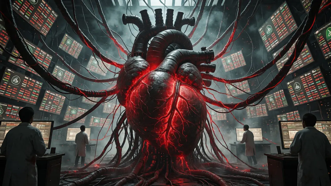 Ominous server room with a pulsating mechanical heart and overwhelmed human analysts.