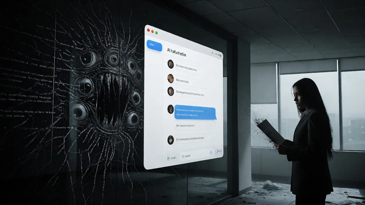 Professional facing mirror reflecting monstrous AI entity behind chatbot