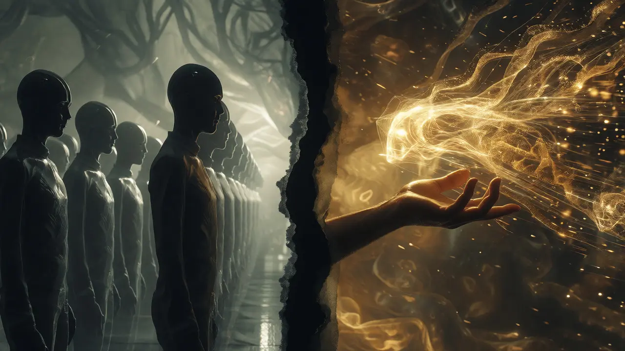 Shadowy clones contrasted with a bright, collaborative dance between a human and an AI spirit.