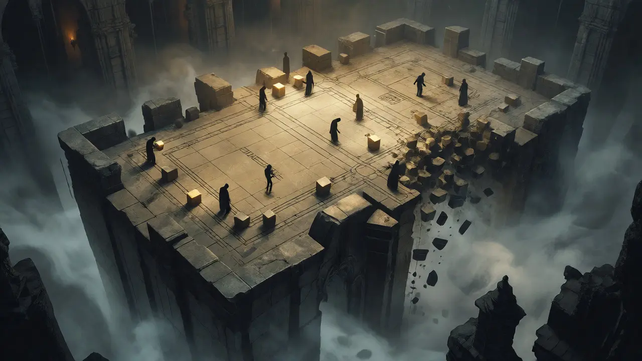 Shadowy figures building a glowing stone blueprint amidst a foggy, dissolving gothic abyss.