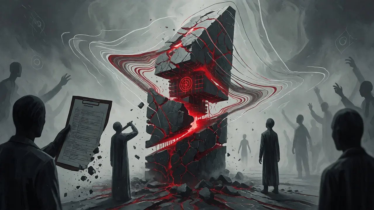 Shadowy figures facing a crumbling, unstable AI monolith