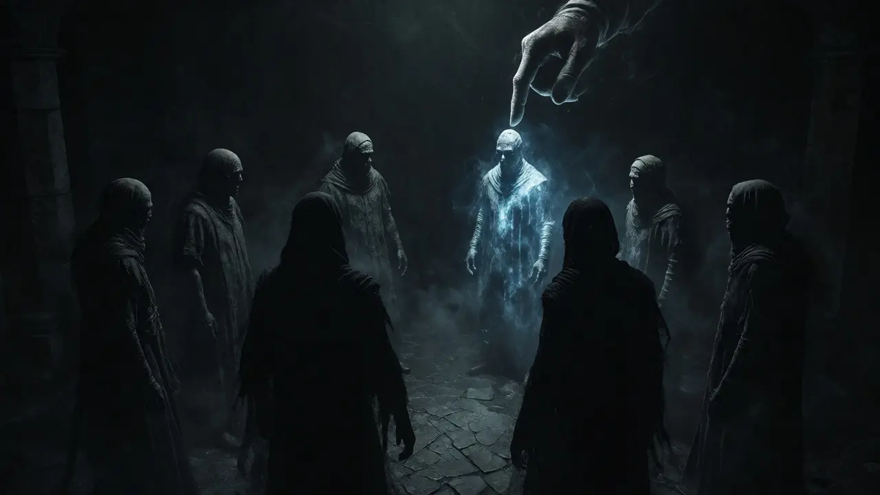 Shadowy figures selected by a ghostly hand illustrating MoE routing