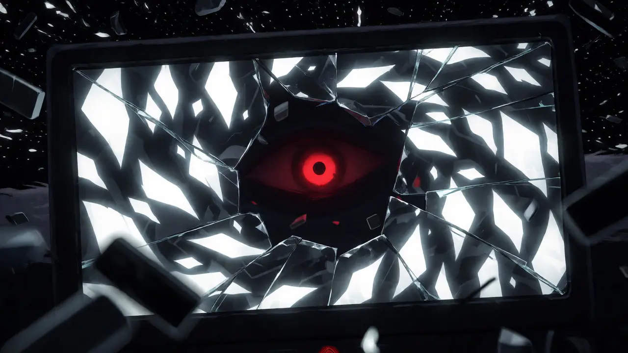Shattered dashboard showing chaotic token shards and a red eye in a void
