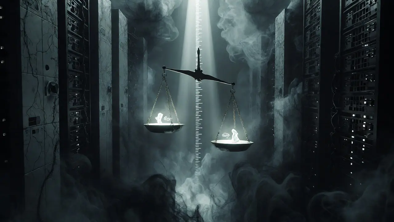 Spectral scales balancing two monolithic options amidst a dark, smoky data center landscape.