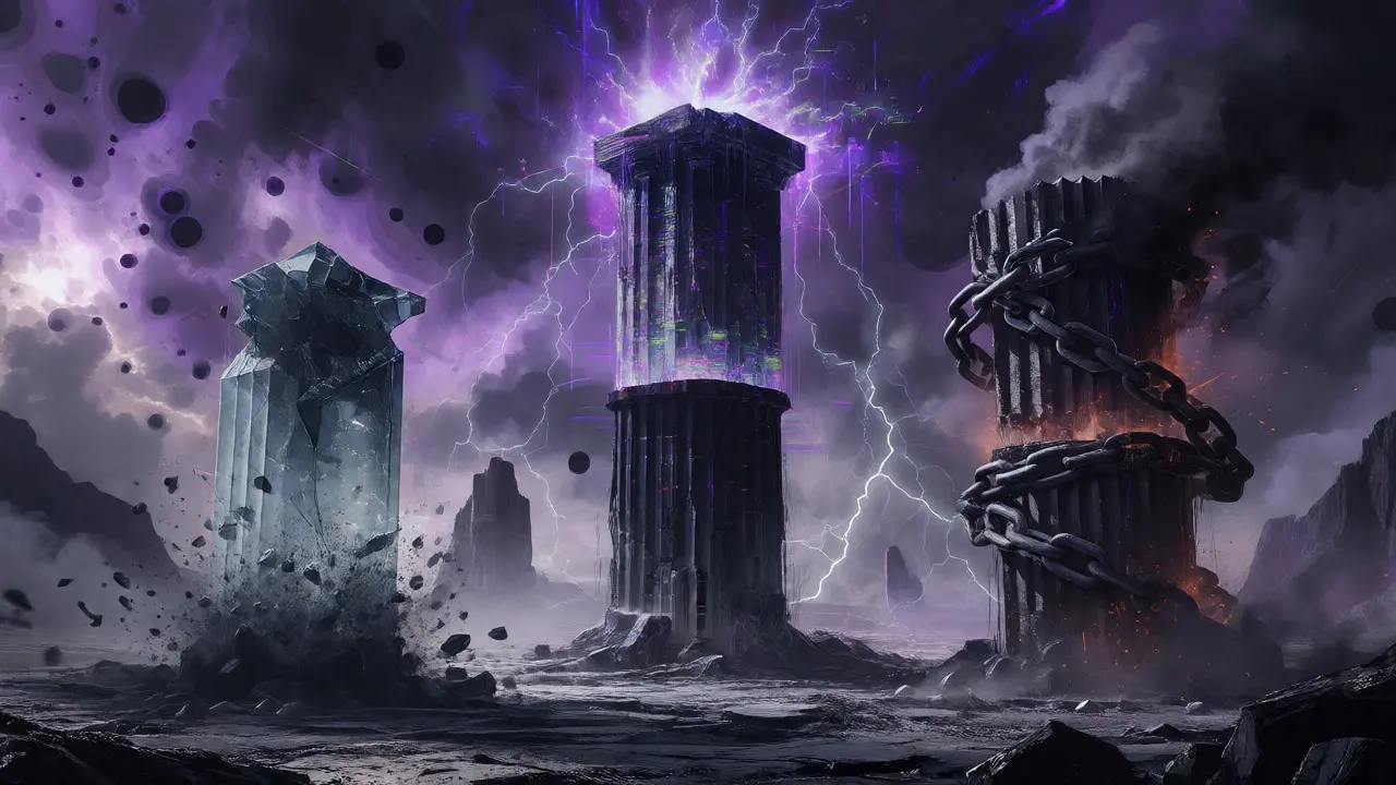 Stable two-layer pillar standing amidst shattering and twisting structures