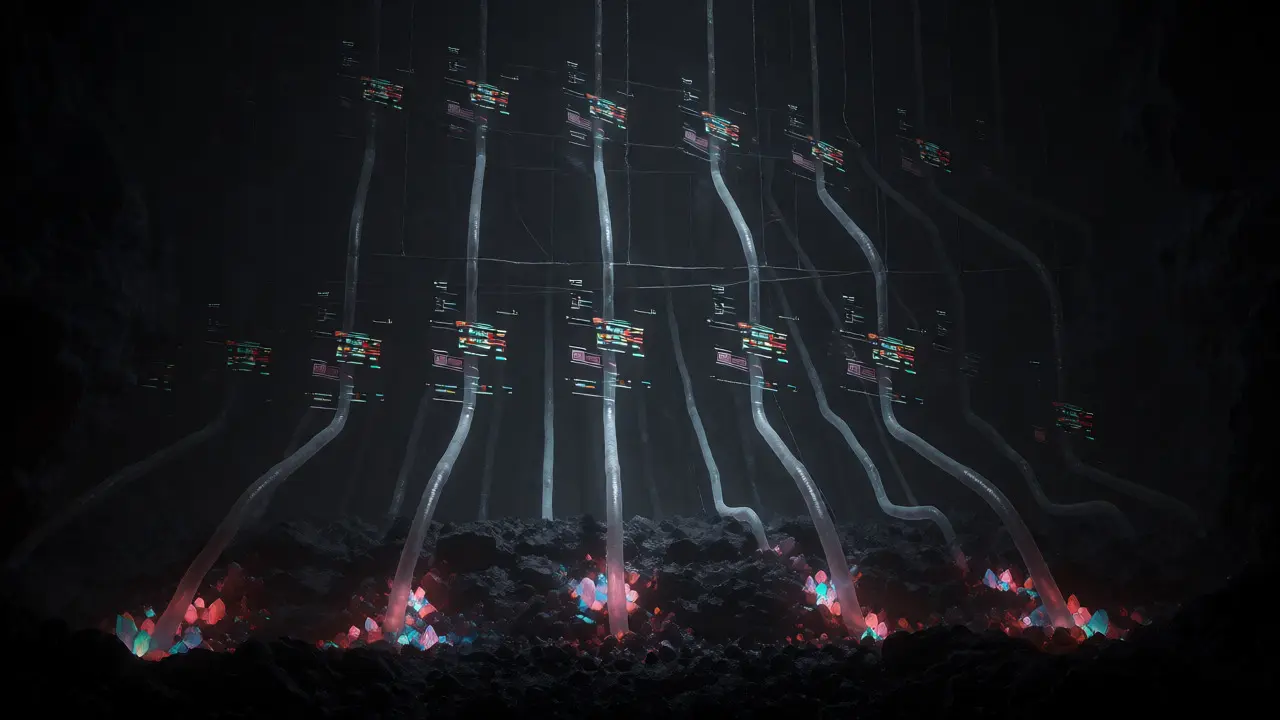 Subterranean network of glowing pipes representing design tokens.