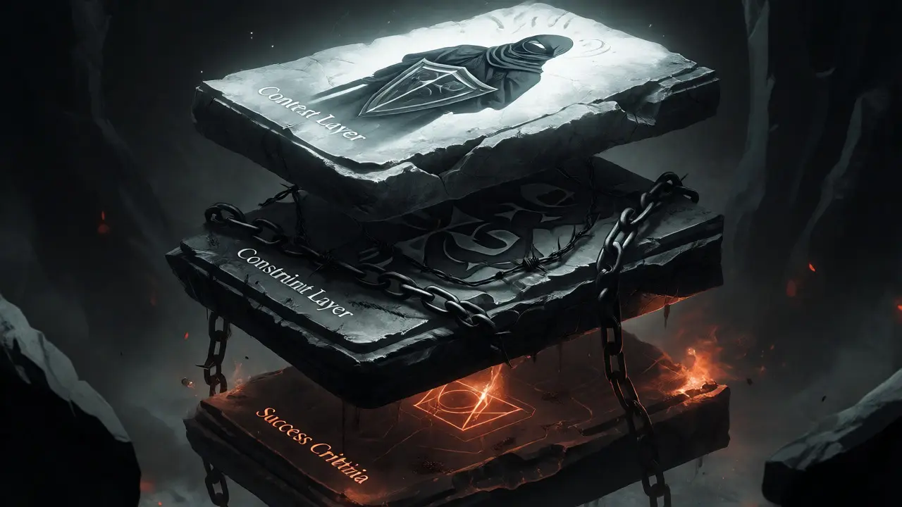 Three stone tablets representing context, constraints, and success criteria in a dark void.