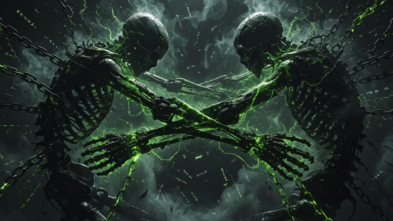 Two skeletal robots locked in a circular dependency embrace amidst dark mist.
